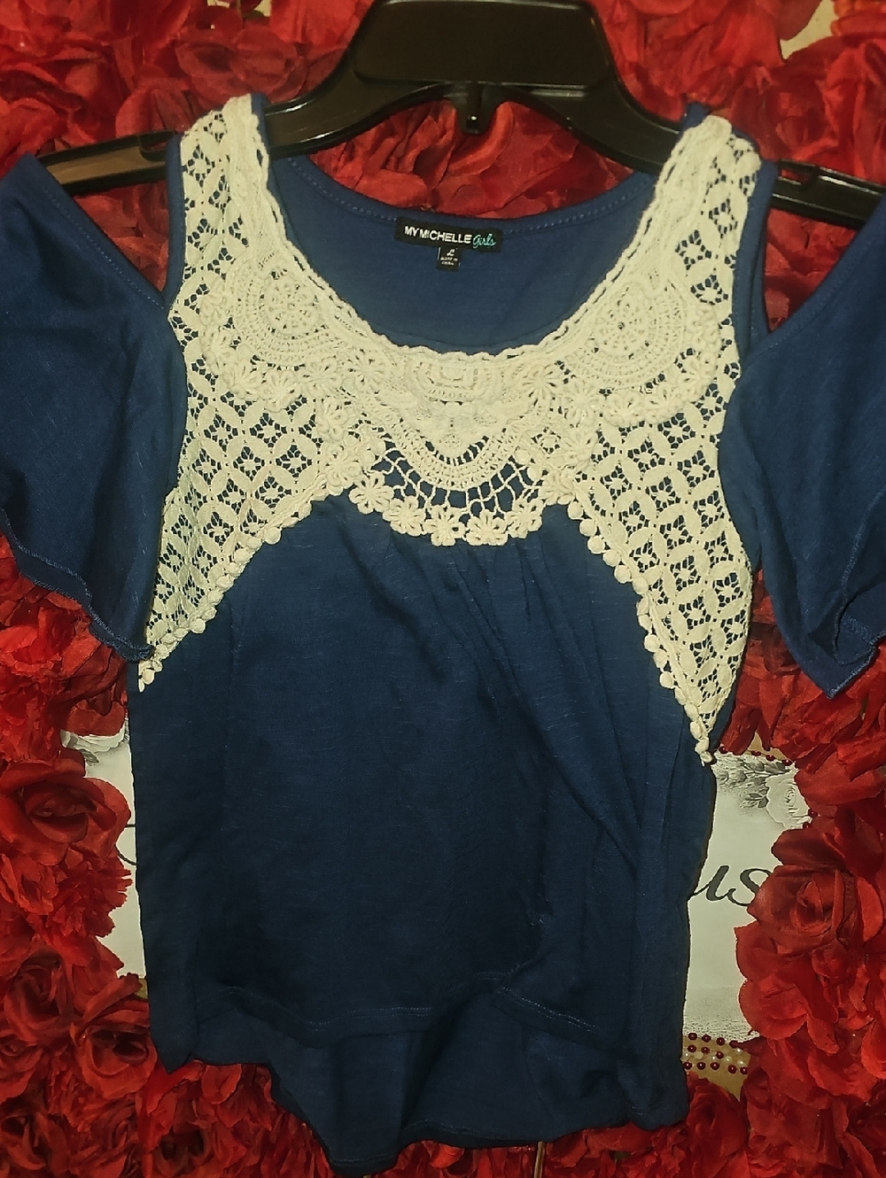 My Michelle Navy Cold-Shoulder Top with Cream Crochet Yoke Size Large